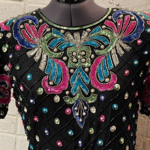 Vintage Sweelo Sequined Party Cocktail Black Pink Top Small - Picture 3 of 14